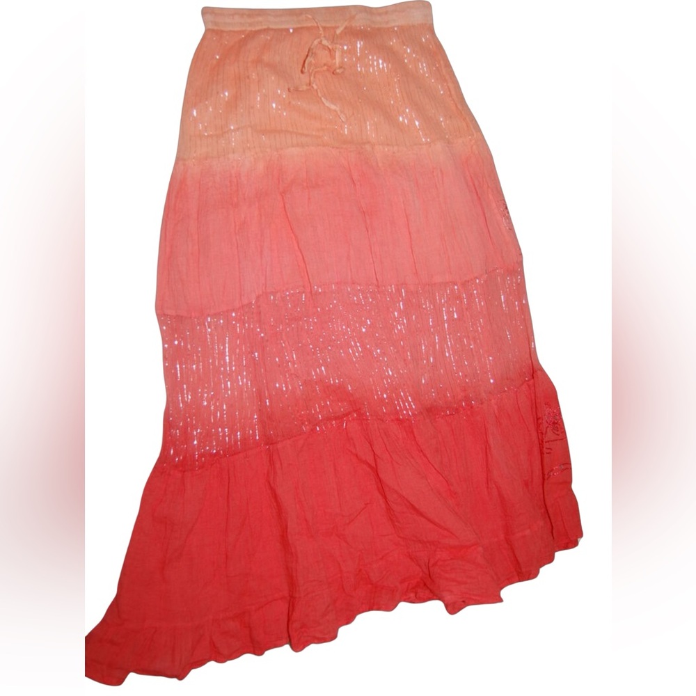 Bobbie Brooks Long Skirt Ombré Orange Slilver Thread Boho peasant lined, L